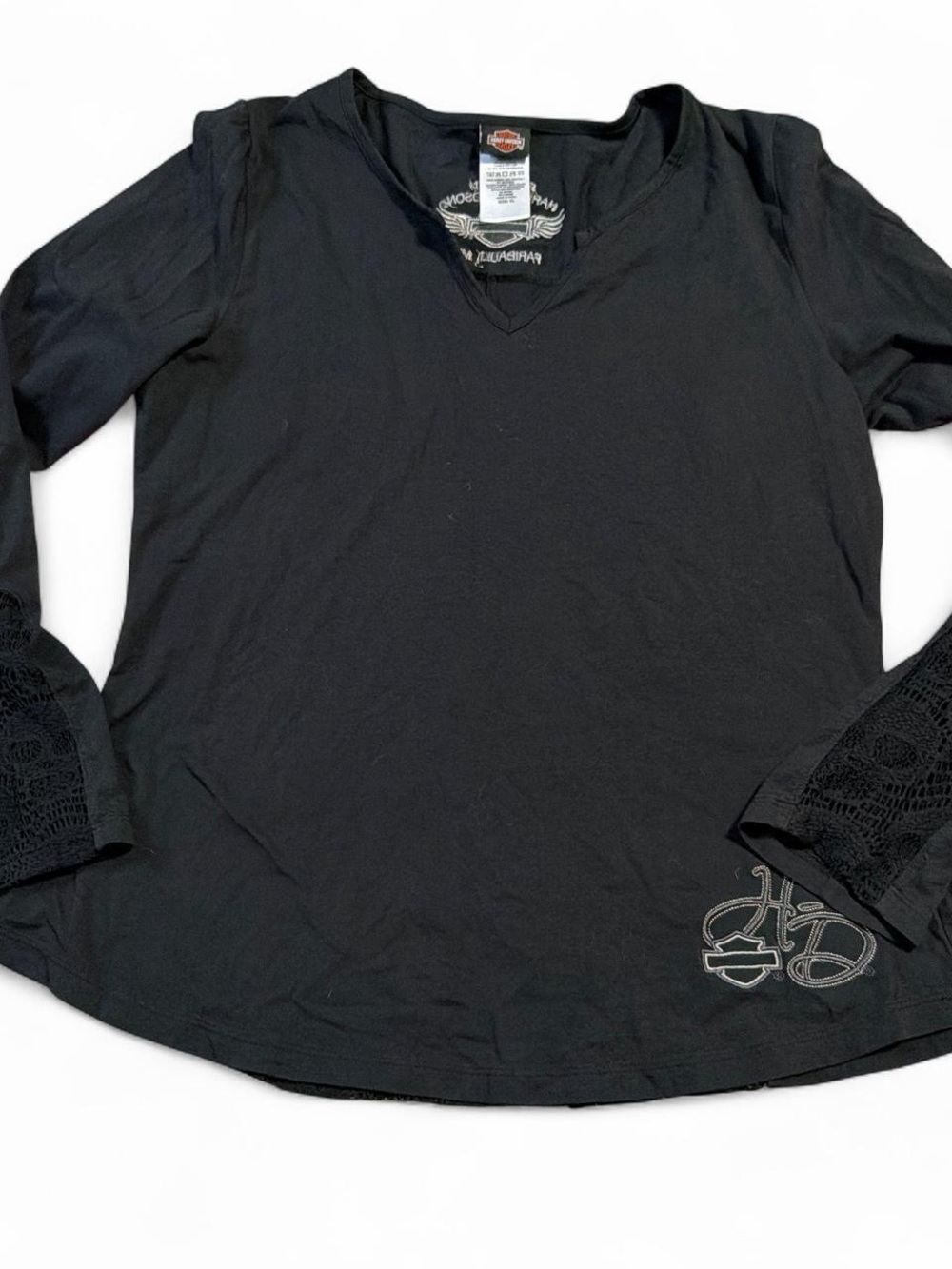 Harley-Davidson Women's Black Long Sleeve V-Neck Top with lace skull design